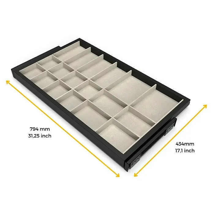 Emuca Schrank-Organisator Hack - Breitenverstellung: 760 mm - 794 mm, Schwarz/Grau - Schubladeneinsatz für Schmuck mit Fächern, in Schwarz. Abmessungen sind beschriftet.