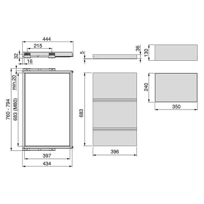 Emuca Schrank-Organisator Hack - L x B x H: 3,2 x 79,4 x 43,4 cm, Traglast: 20 kg, Schwarz - Eine technische Zeichnung eines Schranks mit verschiedenen Ansichten und Maßangaben, die die Konstruktionsdetails hervorheben.