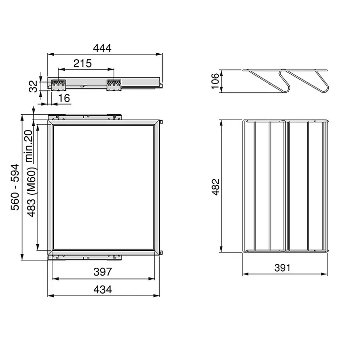 Emuca Schuhauszug - Breitenverstellung: 560 mm - 594 mm, Tiefschwarz - Technische Zeichnung eines Küchenschranks mit Auszugsystem, inklusive Maßangaben für Planung und Einbau.