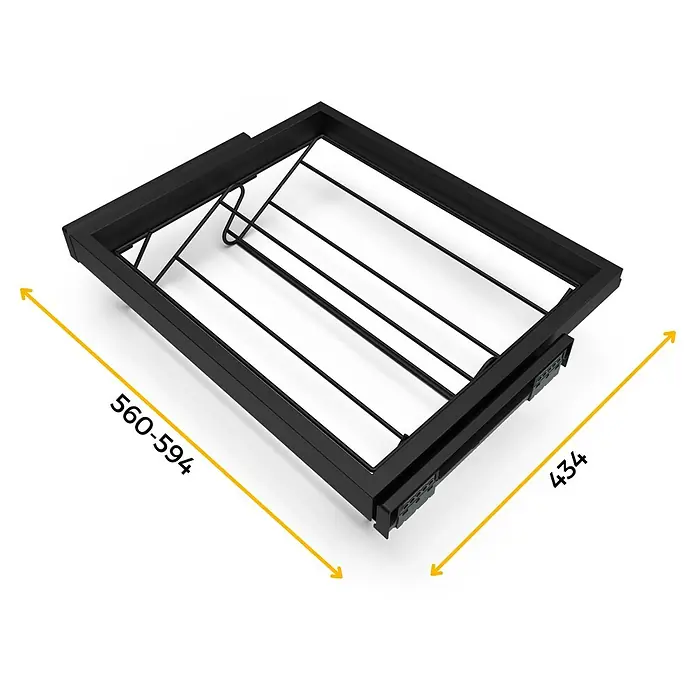 Emuca Schuhauszug - Breitenverstellung: 560 mm - 594 mm, Tiefschwarz - Bild eines Schubladenorganizers mit einer Breite von 560-594 mm und einer Tiefe von 434 mm. Das Produkt ist aus schwarzem Metall gefertigt.