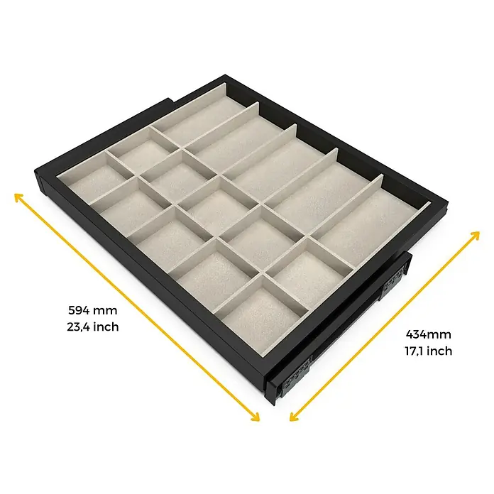 Emuca Schrank-Organisator Hack - Breitenverstellung: 560 mm - 594 mm, Schwarz/Grau - Schwarzer Schubladeneinsatz mit beigen Fächern zur Aufbewahrung von Schmuck und Accessoires, mit Größenangaben in Millimetern und Zoll.