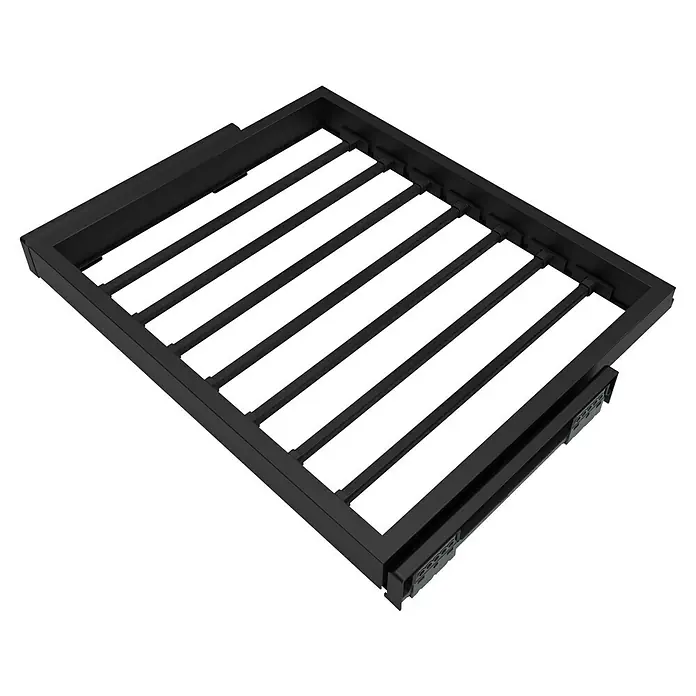 Emuca Hosenhalter Hack - Breitenverstellung: 560 mm - 594 mm, Schwarz - Dunkelgrauer Hosenhalter zur Aufbewahrung von Hosen im Kleiderschrank. Das Produkt besteht aus einem Rahmen und horizontalen Stäben.