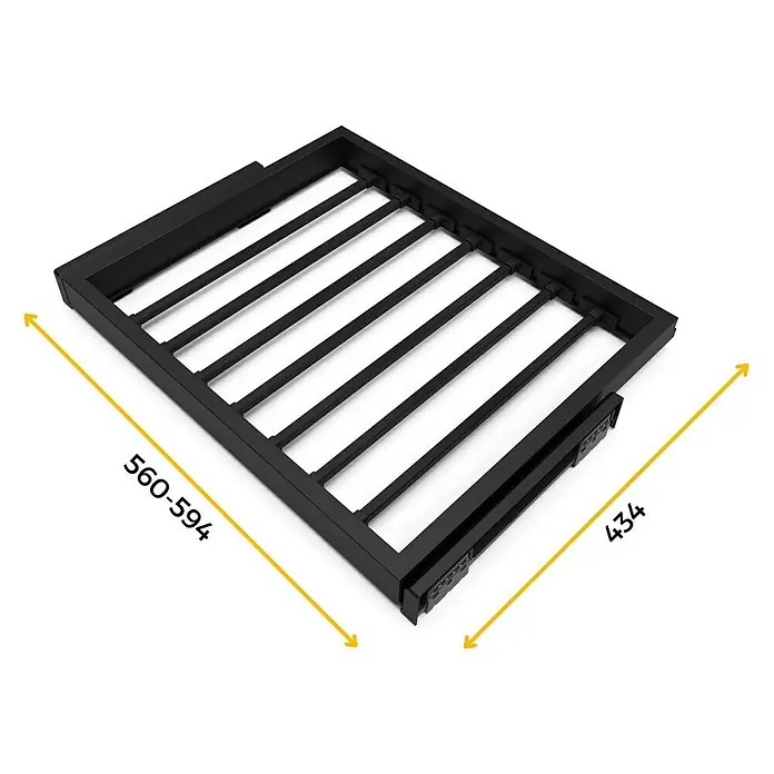 Emuca Hosenhalter Hack - Breitenverstellung: 560 mm - 594 mm, Schwarz - Schwarzer, rechteckiger Auszug mit den Maßen 560-594 mm und 434 mm, geeignet für verschiedene Anwendungen.