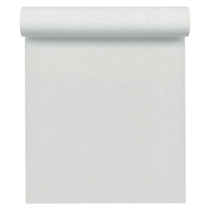 A.S. Création Flavour Vliestapete II - Grau, Uni, 10,05 x 0,53 m - Nahaufnahme einer Rolle weißer, strukturierter Vliestapete vor einem schwarzen Hintergrund, ideal für die Wandgestaltung.