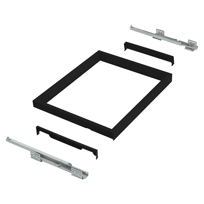 Emuca Hosenhalter Hack - Breitenverstellung: 560 mm - 594 mm, Schwarz - Nahaufnahme eines Schubladensystems mit Führungsschienen, Rahmen und schwarzen Einsätzen, ideal für Möbelbau und DIY-Projekte.