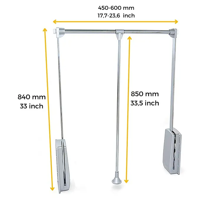 Emuca Kleiderstange Hang - Breitenverstellung: 450 mm - 600 mm, Silber - Bild einer Kleiderstange mit Maßangaben, die die Details der Abmessungen in Millimetern und Zoll hervorheben.