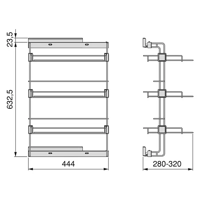 Emuca Schuhregal Hack - Breitenverstellung: 280 mm - 320 mm, Links, Steingrau, Anzahl Fächer: 2 Stk. - Technische Zeichnung eines ausziehbaren Vorratsschranks, Vorder- und Seitenansicht mit Maßen: 444mm breit, 632,5mm hoch, 280-320mm tief.
