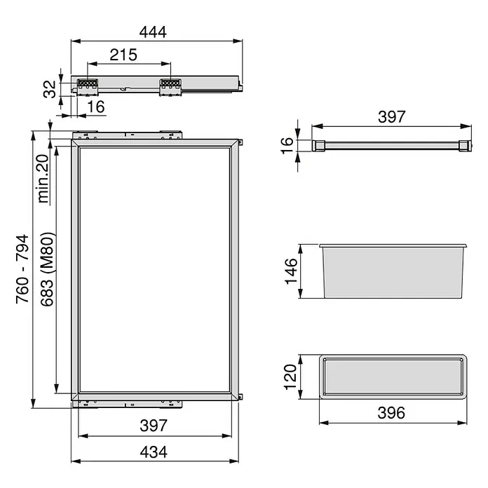 Emuca Hosenhalter Hack - Breitenverstellung: 760 mm - 794 mm, Steingrau - Technische Zeichnung eines Badezimmerschranks mit detaillierten Maßangaben für Design und Installation.