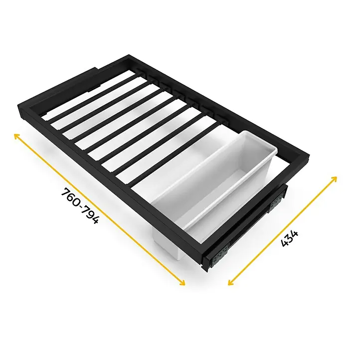 Emuca Hosenhalter Hack - Breitenverstellung: 760 mm - 794 mm, Schwarz - Produktansicht des Schubladeneinsatzes mit den Maßen 760-794 x 434.