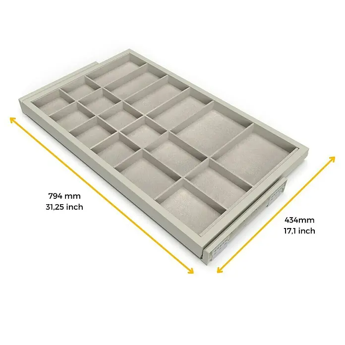 Emuca Schrank-Organisator Hack - Breitenverstellung: 760 mm - 794 mm, Steingrau - Schubladeneinsatz mit verschiedenen Fächern zur Aufbewahrung von Schmuck oder anderen kleinen Gegenständen.