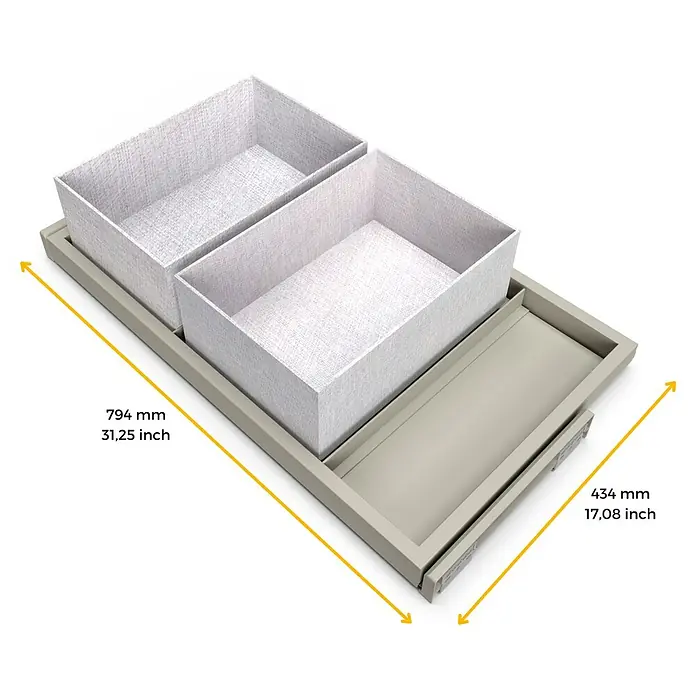 Emuca Schrank-Organisator Hack - L x B x H: 3,2 x 79,4 x 43,4 cm, Traglast: 20 kg, Grau - Schublade mit Stoffboxen und den Maßen 794 mm x 434 mm.