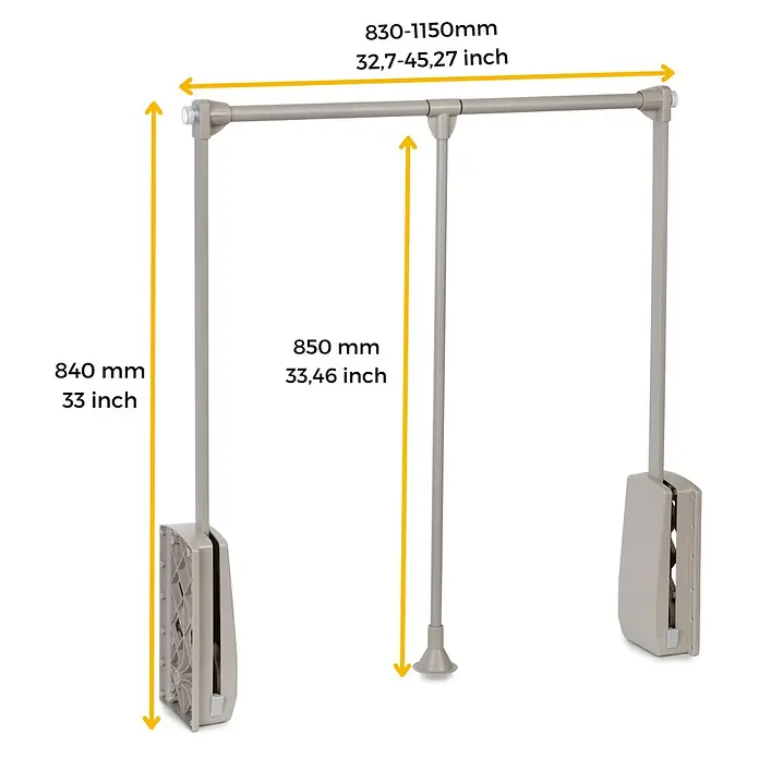 Emuca Kleiderstange Hang - Breitenverstellung: 830 mm - 1.150 mm, Grau - Kleiderlift mit Maßangaben. Der Kleiderlift ist silbern und hat eine Breite von 830-1150 mm und eine Höhe von 840 mm.