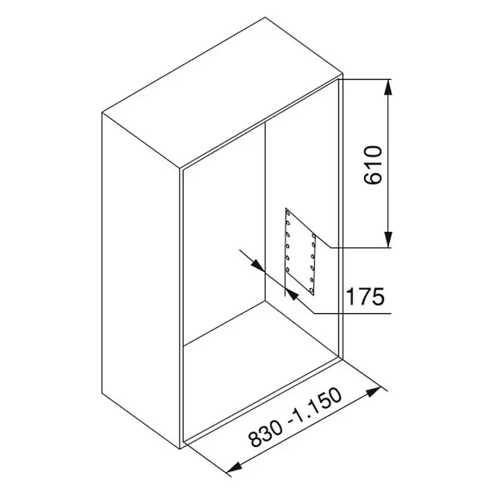 Emuca Kleiderstange Hang - Breitenverstellung: 830 mm - 1.150 mm, Schwarz - Isometrische Darstellung eines Schranks mit den Maßen 610 mm Höhe und einer variablen Breite von 830 bis 1150 mm.