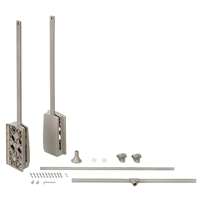 Emuca Kleiderstange Hang - Breitenverstellung: 450 mm - 600 mm, Grau - Produktansicht eines Deckenlift-Kits für Projektoren. Komplettes Set mit Montageteilen und Stangen für die Installation.