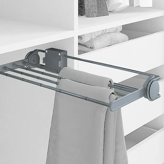 Emuca Hosenhalter Self - L x B x H: 210 x 460 x 75 mm, Stahl, Klappbar - Hosenaufhängung: Graue Hosen hängen an einer ausziehbaren Hosenaufhängung im Kleiderschrank. Praktische Aufbewahrungslösung.