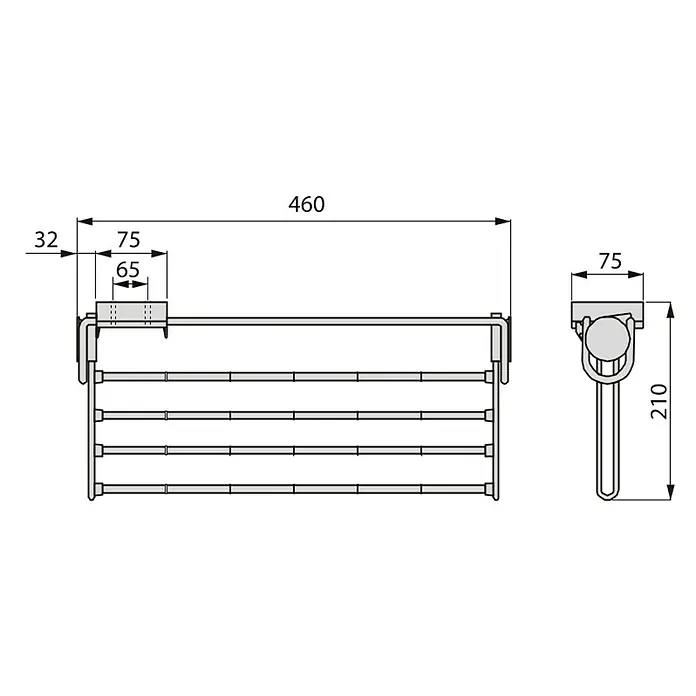 Emuca Hosenhalter Self - L x B x H: 210 x 460 x 75 mm, Stahl, Klappbar - Technische Zeichnung eines Handtuchwärmers mit Maßen. Der Handtuchwärmer hat vier Stangen und seitliche Befestigungen.
