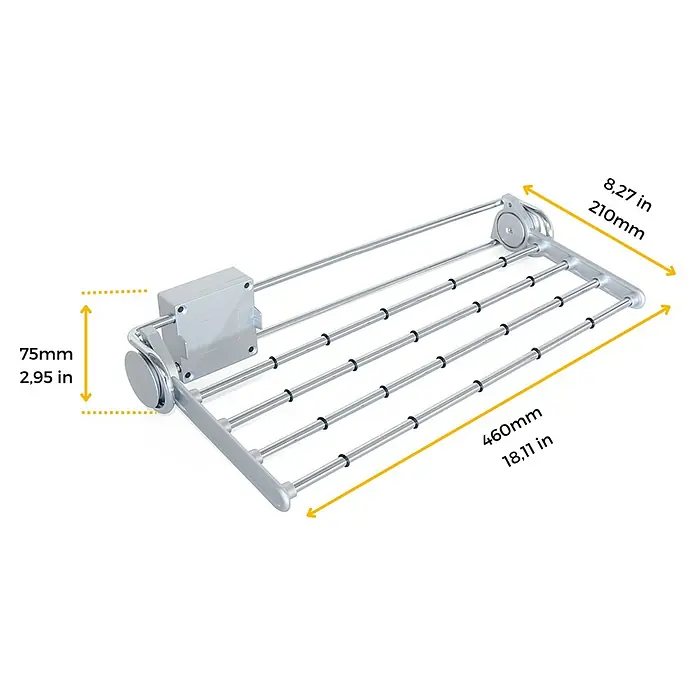 Emuca Hosenhalter Self - L x B x H: 210 x 460 x 75 mm, Stahl, Klappbar - Bild eines ausziehbaren Hosenhalters zur einfachen und platzsparenden Aufbewahrung mit Angaben zur Länge, Breite und Höhe in mm und Inch.