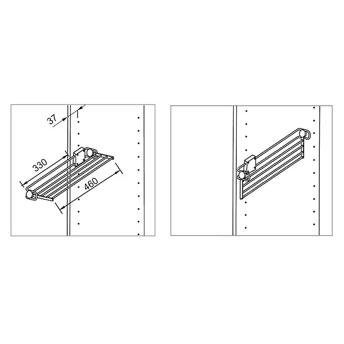 Emuca Hosenhalter Self - L x B x H: 210 x 460 x 75 mm, Stahl, Klappbar - Abbildung eines ausziehbaren Hosenhalters mit dazugehörigen Maßen zur Montage im Kleiderschrank.