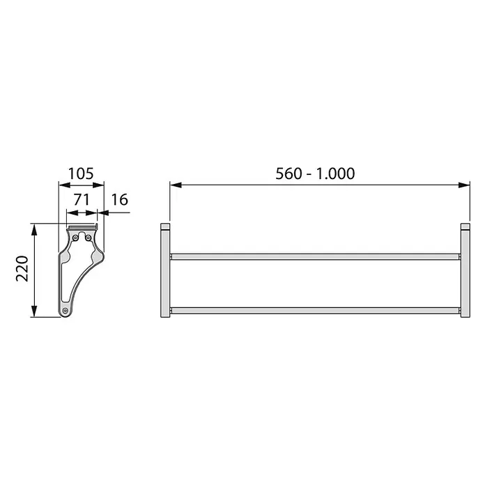 Emuca Schuhregal - Breitenverstellung: 560 mm - 1.000 mm, Silber - Technische Zeichnung eines Wandregals mit Maßen für Höhe (220), Tiefe (105) und Breite (560-1000).