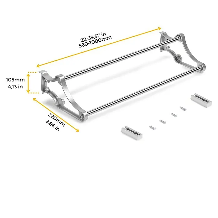 Emuca Schuhregal - Breitenverstellung: 560 mm - 1.000 mm, Silber - Metallischer Handtuchhalter mit Maßen und Befestigungsmaterialien. Ein stilvolles Badaccessoire zur praktischen Handtuchaufbewahrung.