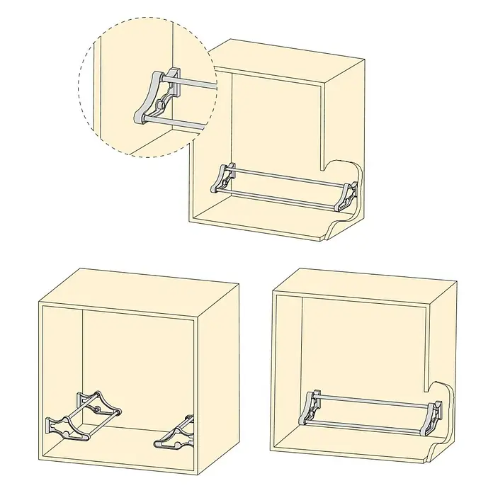 Emuca Schuhregal - Breitenverstellung: 560 mm - 1.000 mm, Silber - Drei Ansichten eines Schrankes mit ausziehbarem Handtuchhalter. Der Handtuchhalter ist aus Metall und hat eine silberne Farbe.