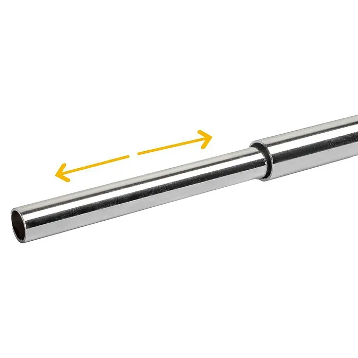 Emuca Schuhregal - Breitenverstellung: 560 mm - 1.000 mm, Silber - Ein silberner Teleskopstiel wird mit gelben Pfeilen dargestellt, die seine Ausziehbarkeit hervorheben, ideal für variable Anwendungen.