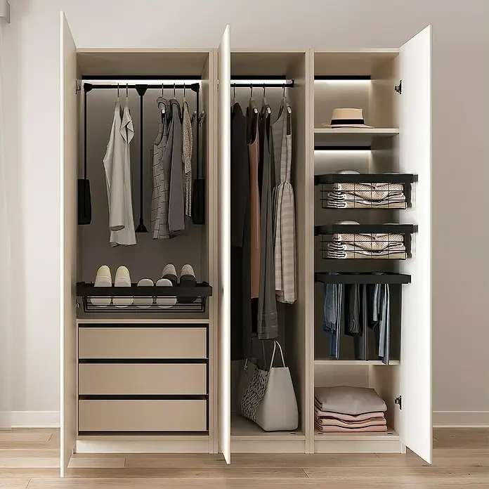 Emuca Kleiderstange Hang - Breitenverstellung: 600 mm - 830 mm, Schwarz - Elegante Garderobe mit viel Stauraum: Kleiderstange, Schubladen und Fächer für ordentliche Aufbewahrung. Die perfekte Lösung für jedes Schlafzimmer.