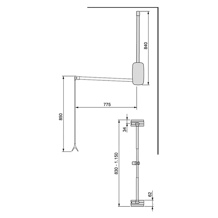 Emuca Colgador para ropa Sling - Ajuste de la anchura: 830 mm - 1.150 mm, Blanco, Carga límite balda: 12 kg - Dibujo técnico de un dispositivo médico, con dimensiones para el montaje y uso en la atención sanitaria, detallado y preciso.