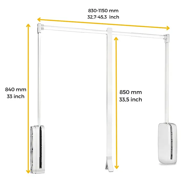 Emuca Colgador para ropa Sling - Ajuste de la anchura: 830 mm - 1.150 mm, Blanco, Carga límite balda: 12 kg - Imagen de una construcción de elevador de armario blanco con medidas, que ofrece una solución de almacenamiento de ropa flexible.