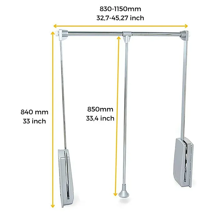 Emuca Kleiderstange Hang - Breitenverstellung: 830 mm - 1.150 mm, Silber - Abbildung eines versenkbaren Kleiderbügels mit den Maßen 830-1150mm, 32,7-45,27 Zoll breit und 840-850mm hoch.