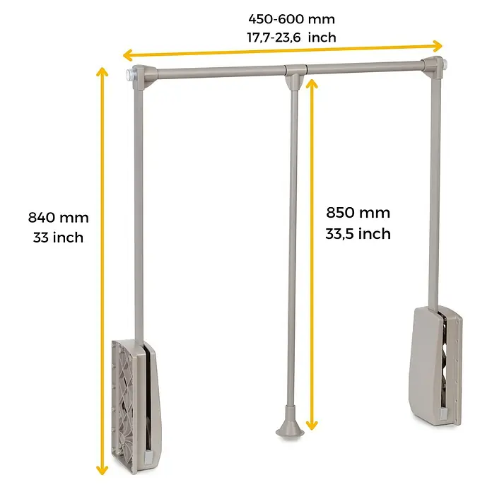 Emuca Kleiderstange Hang - Breitenverstellung: 450 mm - 600 mm, Grau - Kleiderlift mit Maßen. Der Kleiderlift ist ausziehbar und ermöglicht das Aufhängen von Kleidung in höheren Schränken.