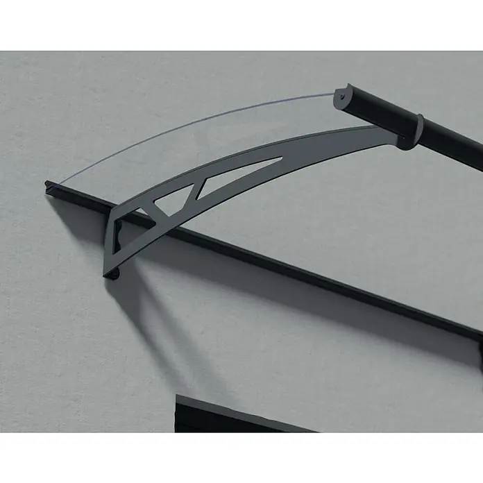 Palram – Canopia Marquesina para puerta Altair - 150,5 x 91 x 17,5 cm, Antracita - Primer plano de un moderno toldo de puerta hecho de metal gris y plástico transparente, montado en una pared.