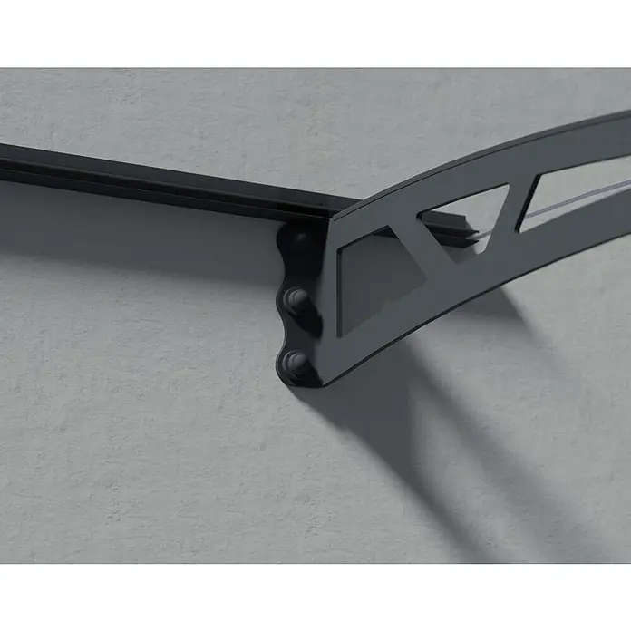 Palram – Canopia Marquesina para puerta Altair - 150,5 x 91 x 17,5 cm, Antracita - Primer plano de un toldo de puerta gris moderno con líneas limpias y un diseño minimalista.