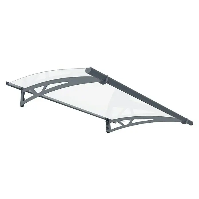 Palram – Canopia Marquesina para puerta Altair - 150,5 x 91 x 17,5 cm, Antracita - Imagen de un toldo de puerta gris con paneles transparentes. El toldo ofrece protección contra los elementos y tiene una construcción robusta.