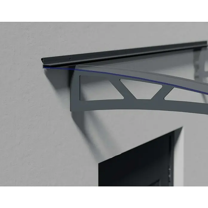 Palram – Canopia Marquesina para puerta Altair - 150,5 x 91 x 17,5 cm, Antracita - Primer plano de un toldo de puerta gris, montado en una pared blanca, que proporciona refugio contra los elementos.