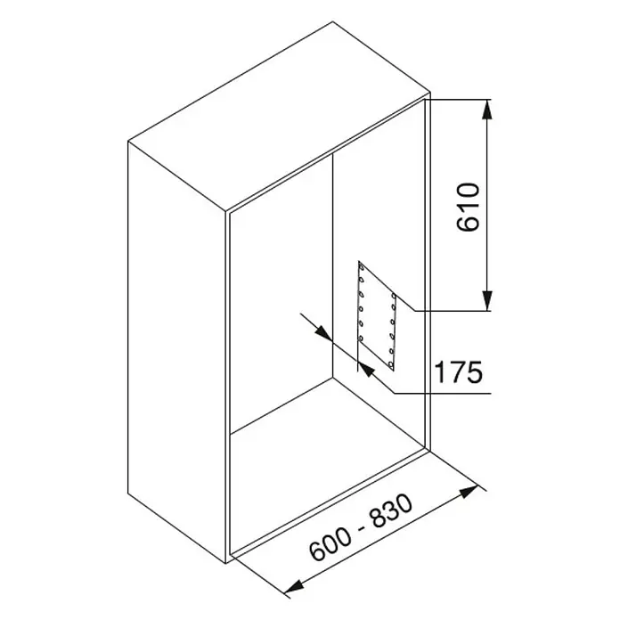 Emuca Kleiderstange Hang - Breitenverstellung: 600 mm - 830 mm, Schwarz - Eine isometrische Darstellung eines Schranks mit den Maßen 610 mm Höhe und einer variablen Breite von 600-830 mm, sowie Details zu den 175 mm Montagepunkten.