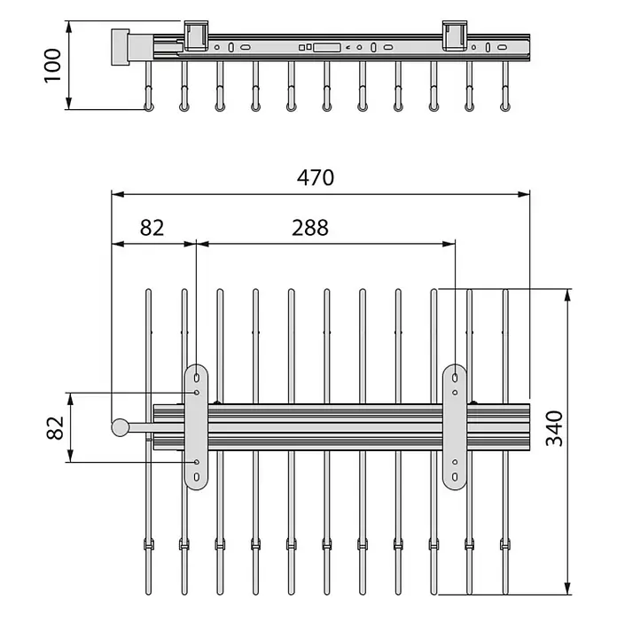 Emuca Hosenauszug - L x B x H: 345 x 470 x 85 mm, Schwarz - Abbildung eines Hosenhalters für Schränke mit Größenangaben.\n