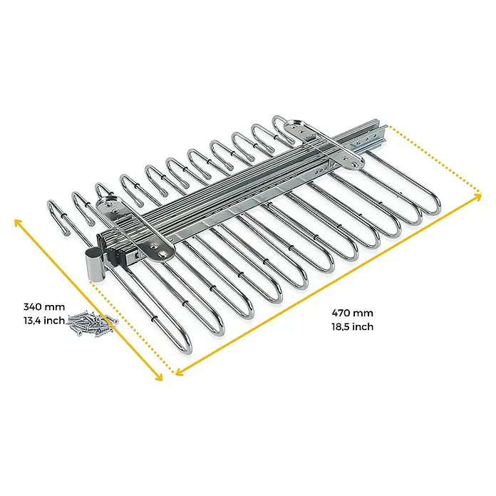 Emuca Hosenauszug - L x B x H: 345 x 470 x 85 mm, Chrome - Hosenhalter zur Schrankmontage mit Auszugfunktion, verchromt. Inkl. Schrauben und Maßangaben (340mm x 470mm).