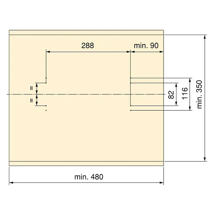 Emuca Hosenauszug - L x B x H: 345 x 470 x 85 mm, Schwarz - Produktskizze mit den Maßen 288, min. 90, 82, 116, min. 350 und min. 480. Ideal für Möbeldesign und technische Zeichnungen.