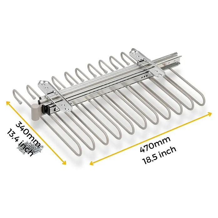 Emuca Hosenauszug - L x B x H: 345 x 470 x 85 mm, Steingrau - Bild eines ausziehbaren Hosenbügels mit Maßen. Das Bild zeigt das Produkt mit den Abmessungen 340 mm und 470 mm.