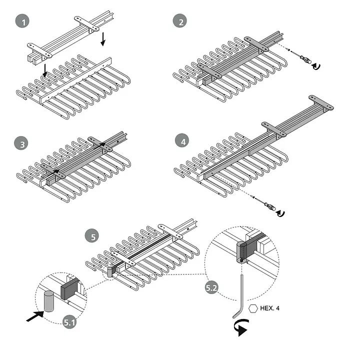 Emuca Hosenauszug - L x B x H: 345 x 470 x 85 mm, Steingrau - Aufbauanleitung für einen Hosenhalter mit Auszug, dargestellt in fünf Schritten.