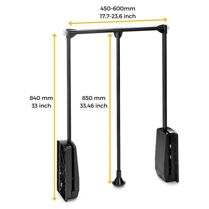 Emuca Kleiderstange Hang - Breitenverstellung: 450 mm - 600 mm, Schwarz - Kleiderlift mit Maßangaben. Der Kleiderlift ist ausziehbar und ermöglicht eine optimale Nutzung des Stauraums im Kleiderschrank.