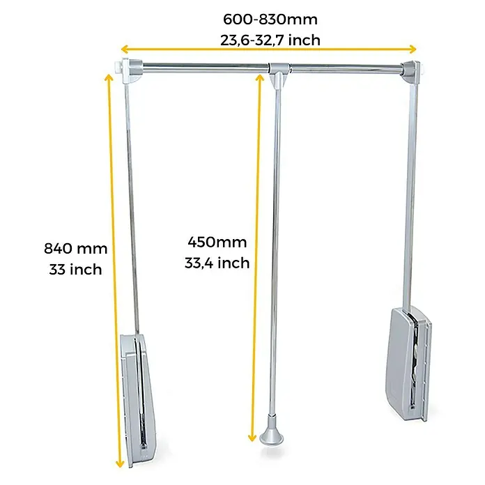 Emuca Kleiderstange Hang - Breitenverstellung: 600 mm - 830 mm, Silber - Bild eines Kleiderlift-Systems mit Größenangaben. Der Lift ist silberfarben und zeigt die Maße in Millimetern und Zoll für Breite und Höhe.