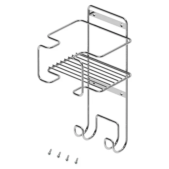 Emuca Wandendhalter für Bügeleisen und Bügelbrett - L x B x H: 200 x 200 x 380 mm, Silber - Ein verchromtes Badezimmerregal mit Ablage und Haken zur Wandmontage, zusammen mit Schrauben, bietet praktischen Stauraum.