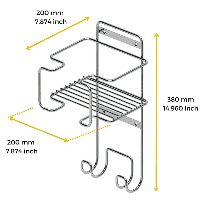 Emuca Wandendhalter für Bügeleisen und Bügelbrett - L x B x H: 200 x 200 x 380 mm, Silber - Chromglänzendes Wandregal mit Ablagefläche und Haken, ideal für Badutensilien. Praktisch und stilvoll.