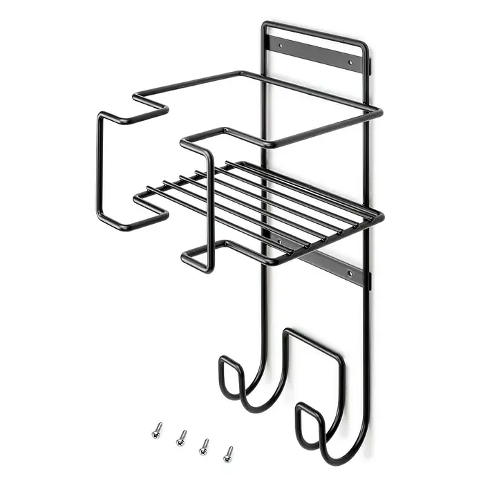 Emuca Wandendhalter für Bügeleisen und Bügelbrett - L x B x H: 200 x 200 x 380 mm, Anthrazitgrau - Aufnahme eines schwarzen, an der Wand montierten Friseursalons, der mit Schrauben befestigt ist.