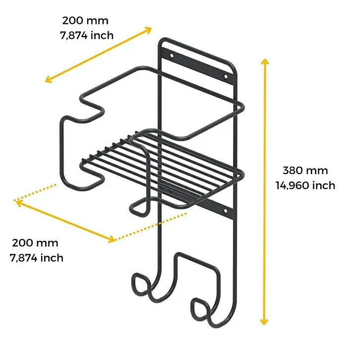 Emuca Wandendhalter für Bügeleisen und Bügelbrett - L x B x H: 200 x 200 x 380 mm, Anthrazitgrau - Abbildung eines schwarzen Badezimmerregals mit Ablagefläche und zwei Haken, versehen mit Maßangaben.