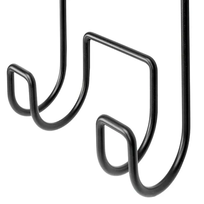 Emuca Wandendhalter für Bügeleisen und Bügelbrett - L x B x H: 200 x 200 x 380 mm, Anthrazitgrau - Nahaufnahme von zwei schwarzen, gebogenen Haken, die an einer Oberfläche befestigt werden können, ideal für Aufbewahrungslösungen.