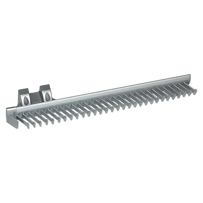 Emuca Krawattenhalter seitlich ausziehbar - Aluminium, Herausziehbar - Bild einer silbernen Kühlkörperleiste mit Kühlrippen und Befestigungselementen, verwendet zur Wärmeableitung in elektronischen Geräten.
