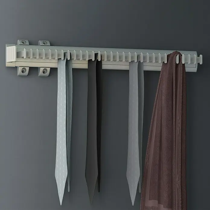 Emuca Krawattenhalter seitlich ausziehbar - Aluminium, Herausziehbar - Eine Nahaufnahme eines Schal- und Krawattenhalters aus Kunststoff mit mehreren Krawatten und einem Schal, der an einer grauen Wand hängt.